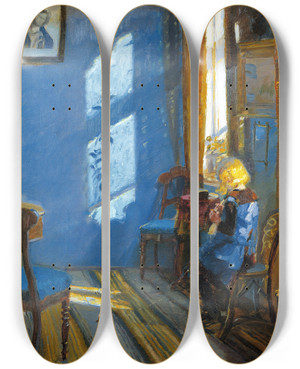 Triptych art skateboard deck of Anna Ancher Sunlight In The Blue Room by Anna Ancher (1859-1935)