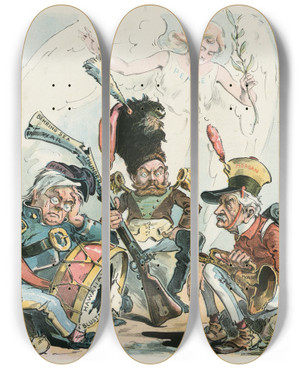 Triptych art skateboard deck of Udo Keppler The Wars That Never Come by Udo Keppler (1872-1956)