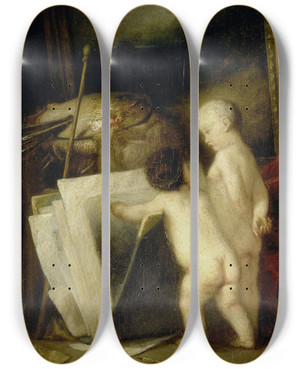 Triptych art skateboard deck of Hippolyte Michaud De Kleine Kunstliefhebbers by Hippolyte Michaud (1823-1886)