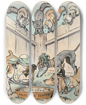 Triptych art skateboard deck of John Samuel Pughe Getting Their Backs Up by John Samuel Pughe (1870-1909)