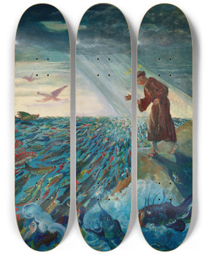 Triptych art skateboard deck of Oskar Laske Fischpredigt by Oskar Laske (1874-1951)
