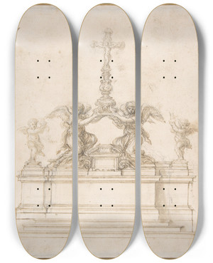 Triptych art skateboard deck of Ciro Ferri Design For An Altar With Kneeling Angels Supporting A Crucifix by Ciro Ferri (1634-1689)