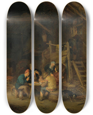 Triptych art skateboard deck of Adriaen Van Ostade Four Card Players In A Rustic Interior by Adriaen Van Ostade (1610-1684)