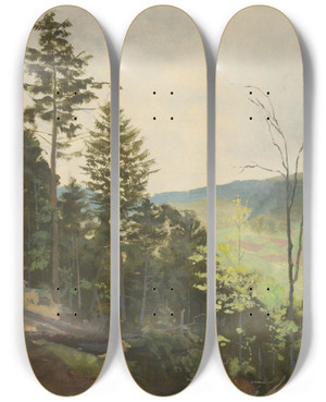Triptych art skateboard deck of Jan Nowopack Scrub Hill by Jan Nowopacky