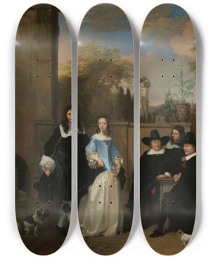 Triptych art skateboard deck of Barend Graat Company In A Garden by Barend Graat (1628-1709)