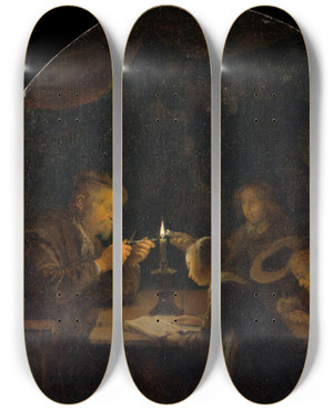 Triptych art skateboard deck of Gerrit Dou An Evening School by Gerrit Dou (1613-1675)