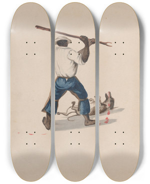 Triptych art skateboard deck of Francisco Fierro A Man Viewed From Behind Beating A Dog With A Stick by Francisco Fierro (1807-1879)