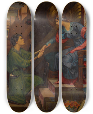 Triptych art skateboard deck of Sidney Harold Meteyard Tristram And Yseult by Sidney Harold Meteyard (1868-1947)