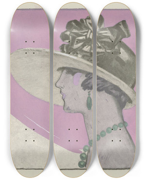 Triptych art skateboard deck of Llano Florez Chapeau De Camille Roger by Llano Florez
