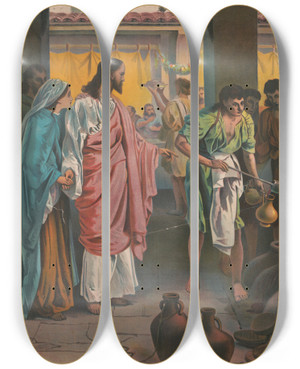 Triptych art skateboard deck of Harris Jones Co Christs First Miracle by Harris Jones Co (1868)