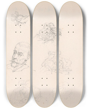 Triptych art skateboard deck of Nicaise De Keyser Head And Postures by Nicaise De Keyser (1813-1887)