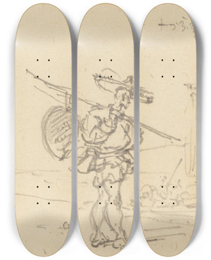 Triptych art skateboard deck of George Chinnery A Chinese Peasant by George Chinnery (1774-1852)