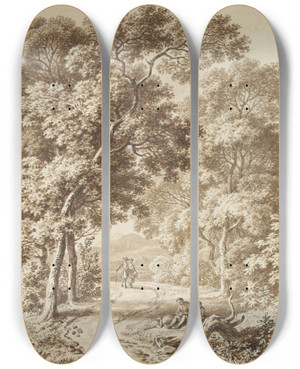 Triptych art skateboard deck of Ferdinand Kobell A Path Bordered By Trees With Two Beggars And A Couple Strolling by Ferdinand Kobell (1740-1799)