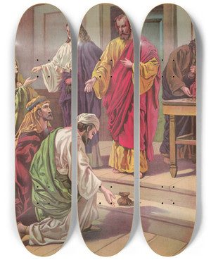 Triptych art skateboard deck of Providence Lith Co True And False Giving by Providence Lith Co (1880-1975)