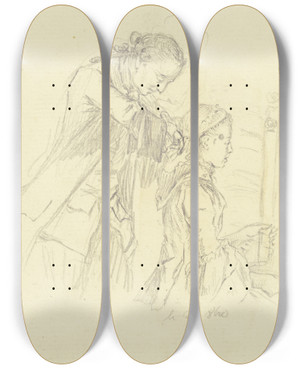 Triptych art skateboard deck of Daniel Nikolaus Chodowiecki Sitzendes Junges Mdchen Im Profil Nach Rechts Das Von Einem Hinter Ihm Stehenden Mann Frisiert Wird by Daniel Nikolaus Chodowiecki (1726-1801)