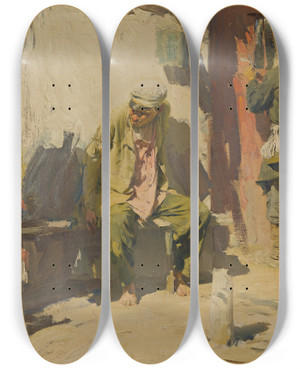 Triptych art skateboard deck of Abram Efimovich Arkhipov Beggars_2 by Abram Efimovich Arkhipov (1862-1930)