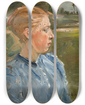 Triptych art skateboard deck of Max Liebermann Blaues Mdchen In Landschaft Bauernmdchen by Max Liebermann (1847-1935)
