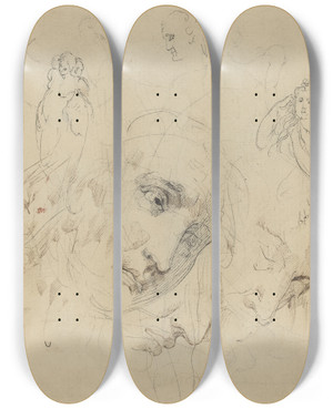 Triptych art skateboard deck of John Hamilton Mortimer Figure Studies by John Hamilton Mortimer (1740-1779)