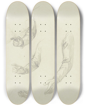 Triptych art skateboard deck of Jakob Becker Studienblatt Gestikulierende Arme by Jakob Becker (1810-1872)