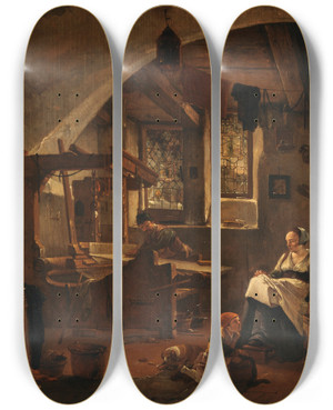 Triptych art skateboard deck of Thomas Wijck Interior Of A Weavers Cottage by Thomas Wijck (1616-1677)