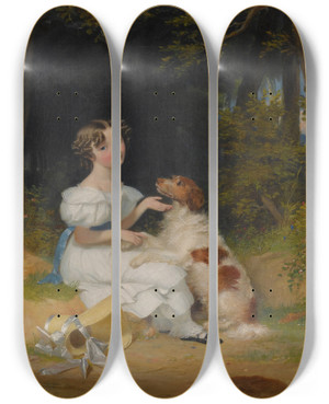 Triptych art skateboard deck of Alexander Mosses A Girl With Her Spaniel by Alexander Mosses (1793-1837)