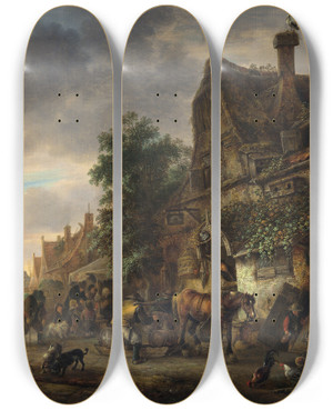 Triptych art skateboard deck of Isaac Van Ostade Workmen Before An Inn by Isaac Van Ostade (1621-1649)