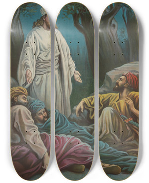 Triptych art skateboard deck of Providence Lith Co Jesus In Gethsemane by Providence Lith Co (1880-1975)