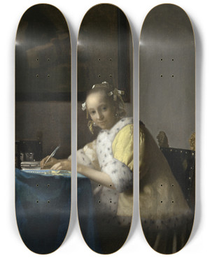 Triptych art skateboard deck of Johannes Vermeer A Lady Writing by Johannes Vermeer (1632-1675)