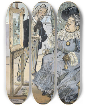 Triptych art skateboard deck of Frank Arthur Nankivell Overworked by Frank Arthur Nankivell (1869-1959)