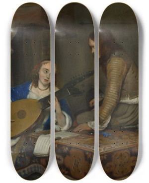 Triptych art skateboard deck of Gerard Ter Borch A Woman Playing The Theorbolute And A Cavalier by Gerard Ter Borch (1617-1681)