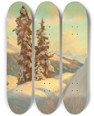 Triptych art skateboard deck of Franz Holper Spruce On The Schatzalp by Franz Holper (1862-1935)