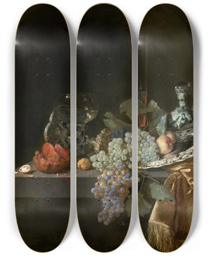 Triptych art skateboard deck of Isaac Van Kipshaven Sumptuous Still Life by Isaac Van Kipshaven (1635-1670)