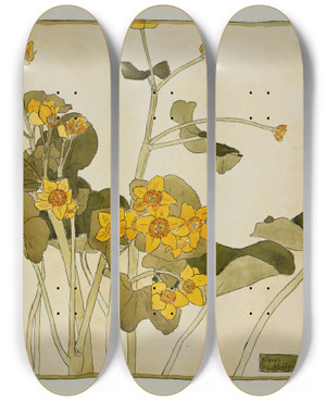 Triptych art skateboard deck of Hannah Borger Overbeck Marsh Marigold by Hannah Borger Overbeck (1870-1931)