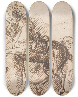 Triptych art skateboard deck of Inigo Jones A Plumed Saddlehorse by Inigo Jones