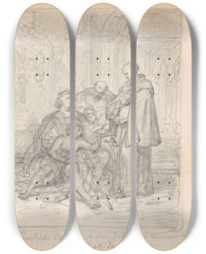 Triptych art skateboard deck of Nicaise De Keyser Christopher Columbus And His Sick Son In The Monastery La Rabida_3 by Nicaise De Keyser (1813-1887)