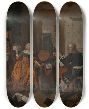 Triptych art skateboard deck of Gabriel Metsu A Musical Party by Gabriel Metsu (1629-1667)