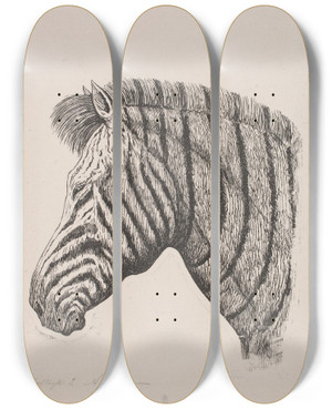 Triptych art skateboard deck of Alexander Blom Hoved Af En Zebra_2 by Alexander Blom (1859-1933)