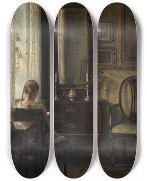Triptych art skateboard deck of Carl Holse Interior With A Girl Reading by Carl Holsoe (1863-1935)
