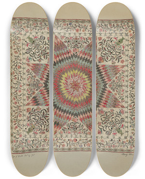 Triptych art skateboard deck of Mary Berner Patchwork And Applique Quilt_2 by Mary Berner