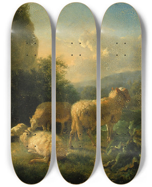 Triptych art skateboard deck of Balthasar Paul Ommeganck Sheep by Balthasar Paul Ommeganck (1755-1826)