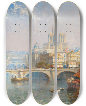 Triptych art skateboard deck of Arthur Joseph Meadows Paris With Notre Dame by Arthur Joseph Meadows (1843-1907)