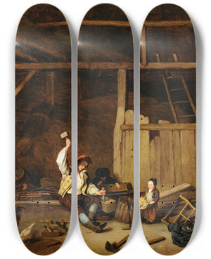 Triptych art skateboard deck of Jacques Albert Senave A Carpenter In A Barn by Jacques Albert Senave (1758-1823)