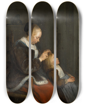 Triptych art skateboard deck of Gerard Ter Borch Hunting For Lice by Gerard Ter Borch (1617-1681)