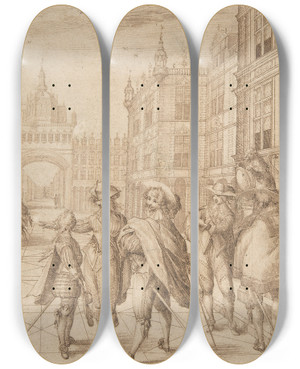 Triptych art skateboard deck of Jean De Saintigny Cavaliers In A City Square by Jean de Saint-Igny (1600-1647)