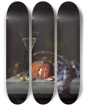 Triptych art skateboard deck of Jacob Van Walscapelle Still Life With Fruit_1 by Jacob van Walscapelle (1644-1727)