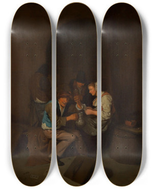 Triptych art skateboard deck of Cornelis Pietersz Bega Vier Zechende Bauern Mit Einer Frau by Cornelis Pietersz Bega (1631-1664)