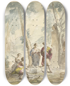 Triptych art skateboard deck of Elias Van Nijmegen Abraham Ontvangt De Drie Engelen by Elias Van Nijmegen (1667-1755)