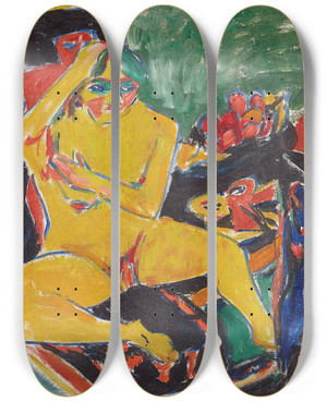 Triptych art skateboard deck of Ernst Ludwig Kirchner Nude At The Studio_1 by Ernst Ludwig Kirchner (1880-1938)
