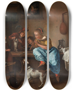 Triptych art skateboard deck of Jan Steen The Dancing Lesson by Jan Steen (1626-1679)
