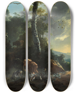 Triptych art skateboard deck of Adam Pynacker Landscape With Enraged Ox by Adam Pynacker (1615-1673)